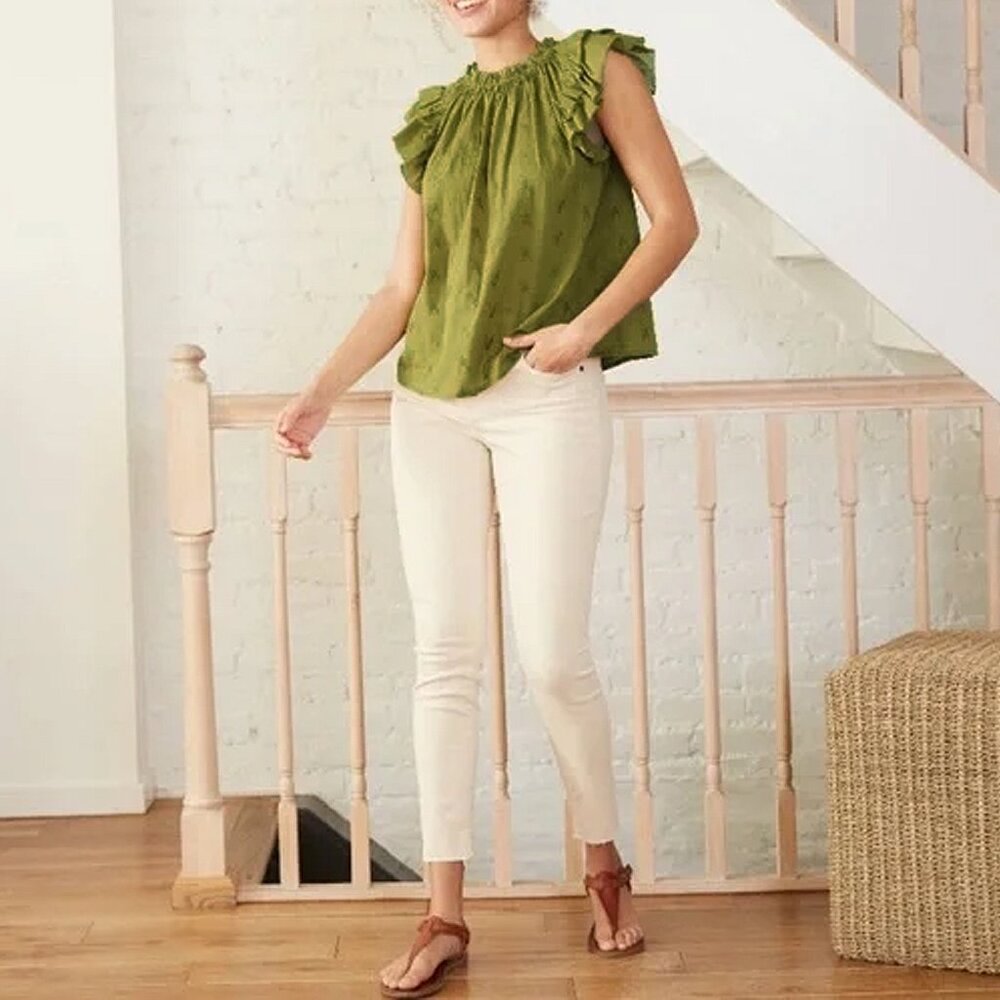 NWT Green Short Flutter-Sleeve Floral Embroidered Blouse - Women's Size XS Top - Picture 3 of 4